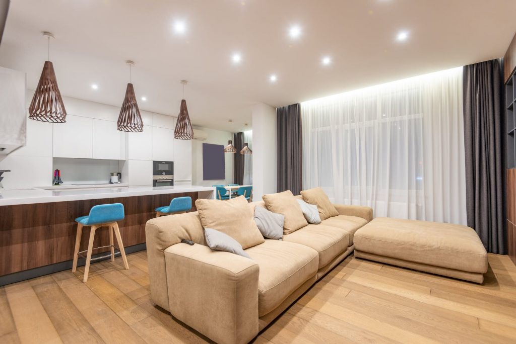 soft couch near kitchen counter